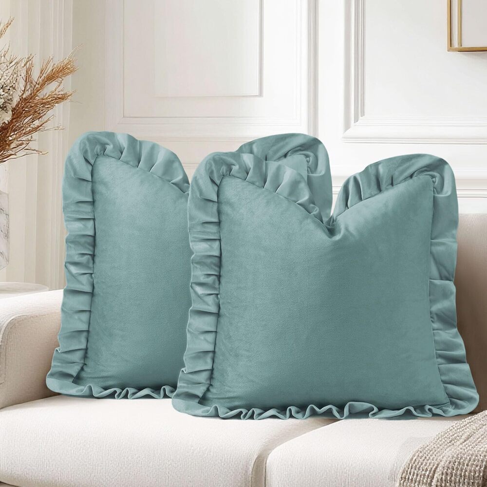 7229 Velvet Throw Pillow Covers with Ruffles, Soild Decorative Throw Pillow